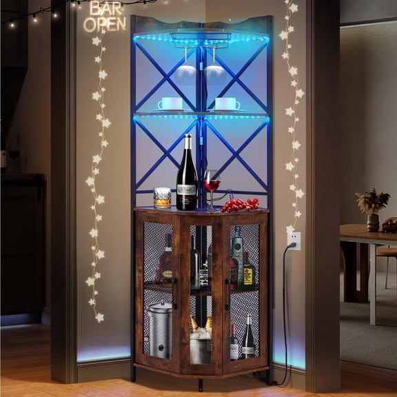 SOBREMESA Corner Bar Cabinet with Power Outlet, 5-Tier LED Wine Bar Cabinet with Glass Holder, Industrial Home Bar for Living Room, Rustic Brown