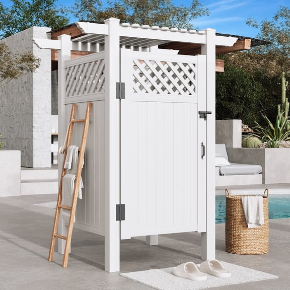 SOBREMESA Outdoor Shower Enclosure, White Vinyl PVC Poolside Shower Stall with Privacy Door, Weather-Resistant Outdoor Shower Room for Backyard, Patio, Beach House & Pool Area