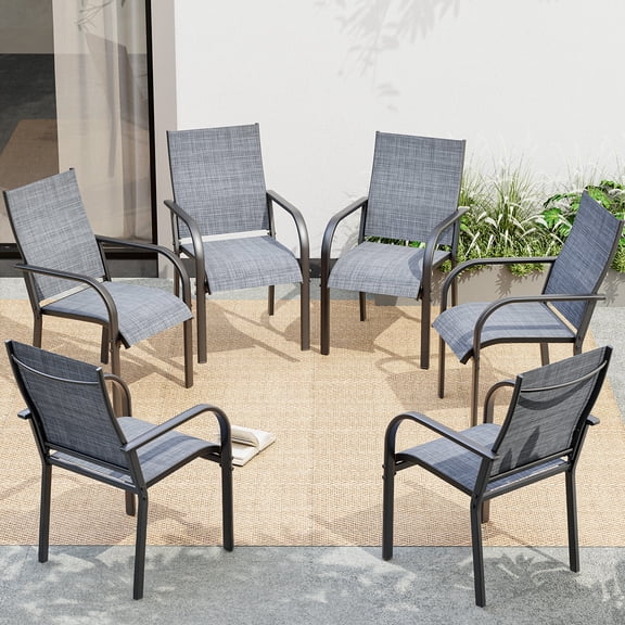 SOBREMESA Patio Chairs Set of 6, Stackable Outdoor Dining Chairs, All Weather Breathable Textile, Heavy Duty Metal Frame Porch Chairs for Backyard, Lawn (Only Chairs, Gray, Set of 6)