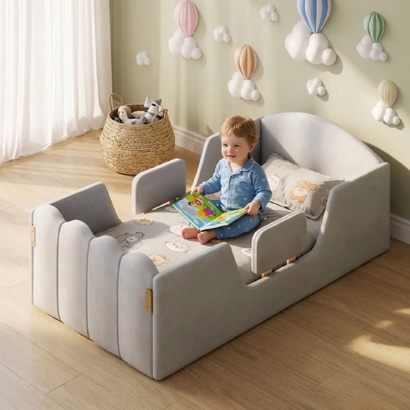 SOBREMESA Toddler Bed for Kids, Standard Crib Mattress Size Upholstered Child Bed with Safety Rails and Low Floor Design, Gray