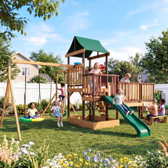 SOBREMESA Wooden Swing Set for Backyard, 6-in-1 Outdoor Playset with Slide