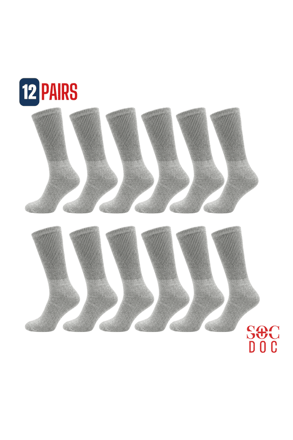 12 Pairs Diabetic Crew Socks for Men & Women, Non-Binding, Moisture Wicking, Comfort Fit, Size 10-13, Gray