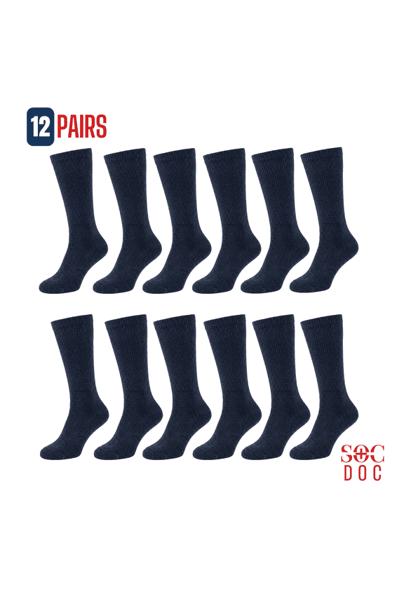 Navy Blue Diabetic Crew Socks for Men & Women, 12 Pairs, Non-Binding Seamless Comfort, Sizes 9-11, 10-13, 13-19