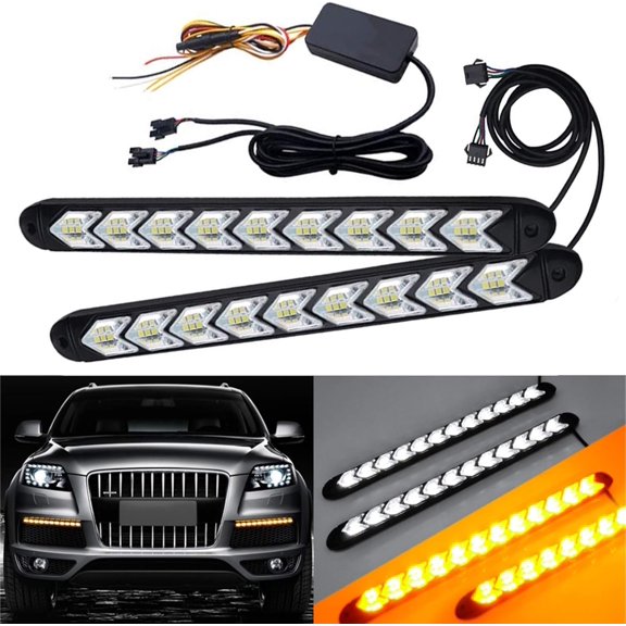 SOCAL-LED LIGHTING Arrow LED DRL Switchback Strips 10" (25cm) 12V Sequential Flashing Turn Signal Lights, Dual-Color Amber White, Pack of 2