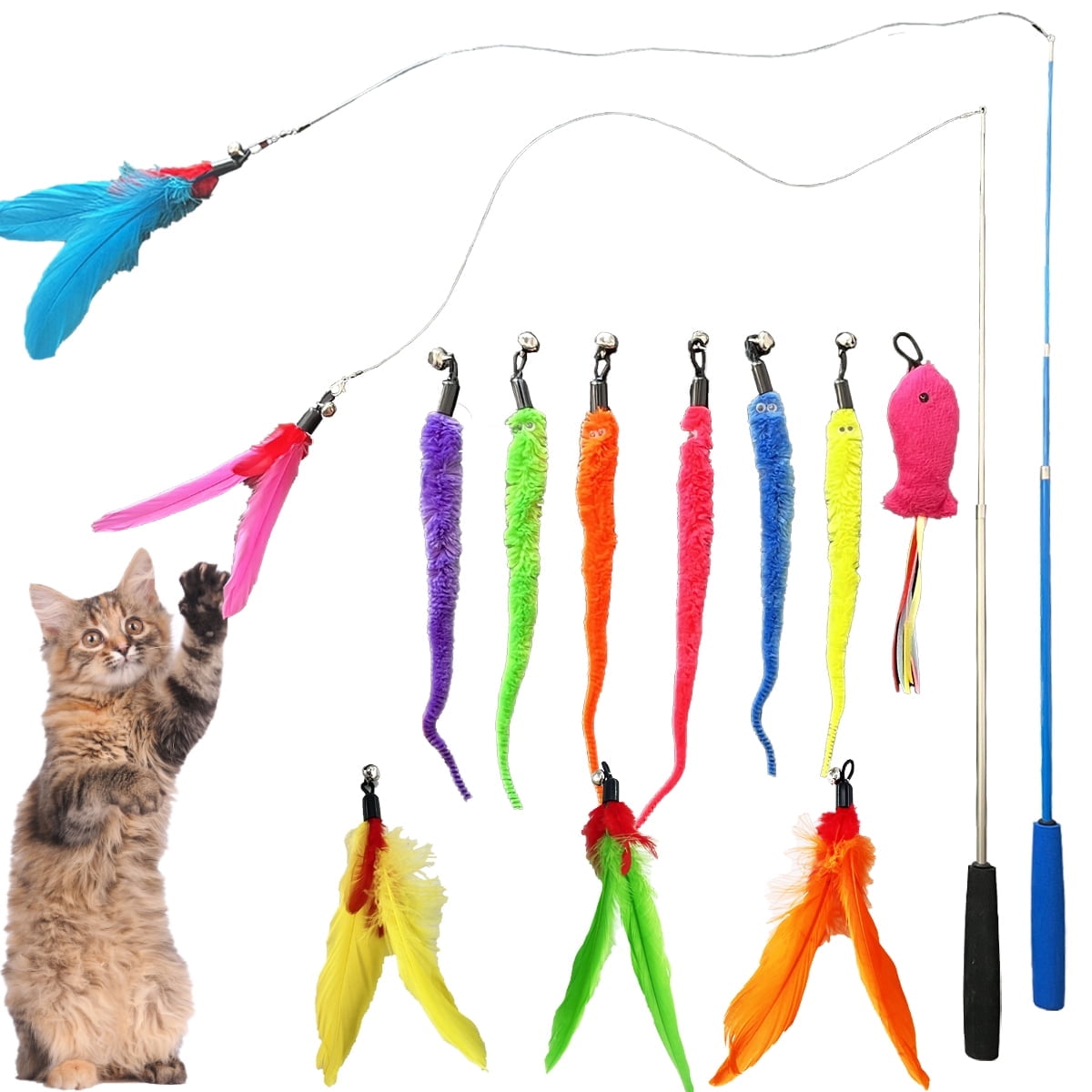 SOCATER Cat Feather Toys, 2 Pcs Retractable Wands, 12 Pcs Replacement Colorful Feather Toys with Bell