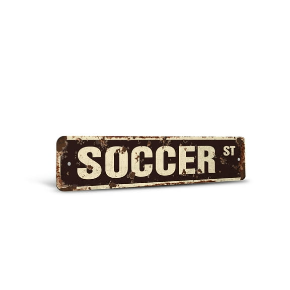 SOCCER Vintage Style Rustic Street Sign – Soccer Team Player Ball Signs Retro Decorative Wall Sign for Home, Bar, Garage, or Outdoor Use | 6" X 24" Plastic Road Sign