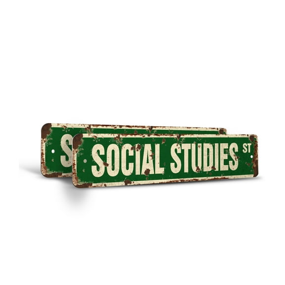SOCIAL STUDIES Vintage Style Rustic Street Sign – (2 Pack) Teacher Course Educator School Civics Retro Decorative Wall Sign for Home, Bar, Garage, or Outdoor Use | 4" X 18" Aluminum