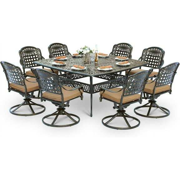 SOCIALCOMF 9-Piece Patio Cast Aluminum Dining Set, Outdoor Table and Chairs Set for 8, Includes 64" Large Square Dining Table and 8 Swivel Rocker Chairs with Umbrella Hole for Lawn Garden, Tan
