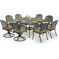 SOCIALCOMF 9-Piece Patio Cast Aluminum Dining Set, Outdoor Table and Chairs Set for 8, Includes 64" Large Square Dining Table, 6 Stationary, 2 Swivel Dining Chairs with Umbrella Hole, Tan