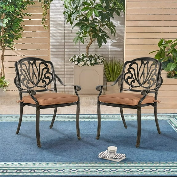 SOCIALCOMFY 2 Piece Outdoor Bistro Dining Chairs, Cast Aluminum Dining Chair Set, Patio Bistro Chairs with Khaki Cushins for Balcony, Backyard, Garden