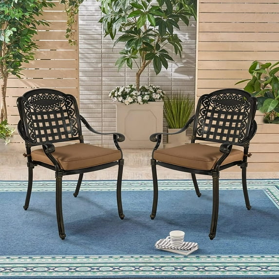 SOCIALCOMFY 2 Piece Outdoor Bistro Dining Cushioned Chairs, Cast Aluminum Dining Chair Set, Patio Bistro Chairs with Khaki Cushins for Balcony, Backyard, Garden, Antique Bronze