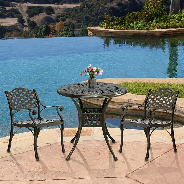 balcony patio set 3pc umbrella Outdoor 3-Piece Bistro with Cushions, Round 24 Inch Cast Aluminum Bistro Table with 2.17" Hole, 2 Cast Aluminum Bistro Chairs, for Patio, rust powder coating and gold Clihome 3-Piece All-Weather Cast Aluminum