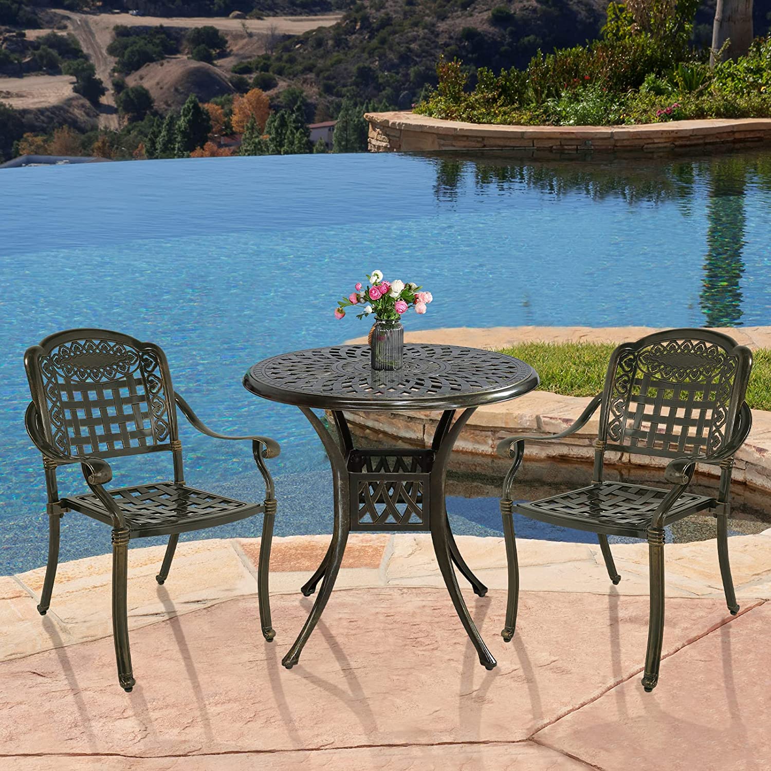 SOCIALCOMFY 3-Piece Outdoor Patio Dining Set, All-Weather Cast Aluminum Furniture Conversation Set, Include 2 Chairs and a 31 inch Round Table with Umbrella Hole for Balcony Lawn Garden Backyard - image 1 of 7