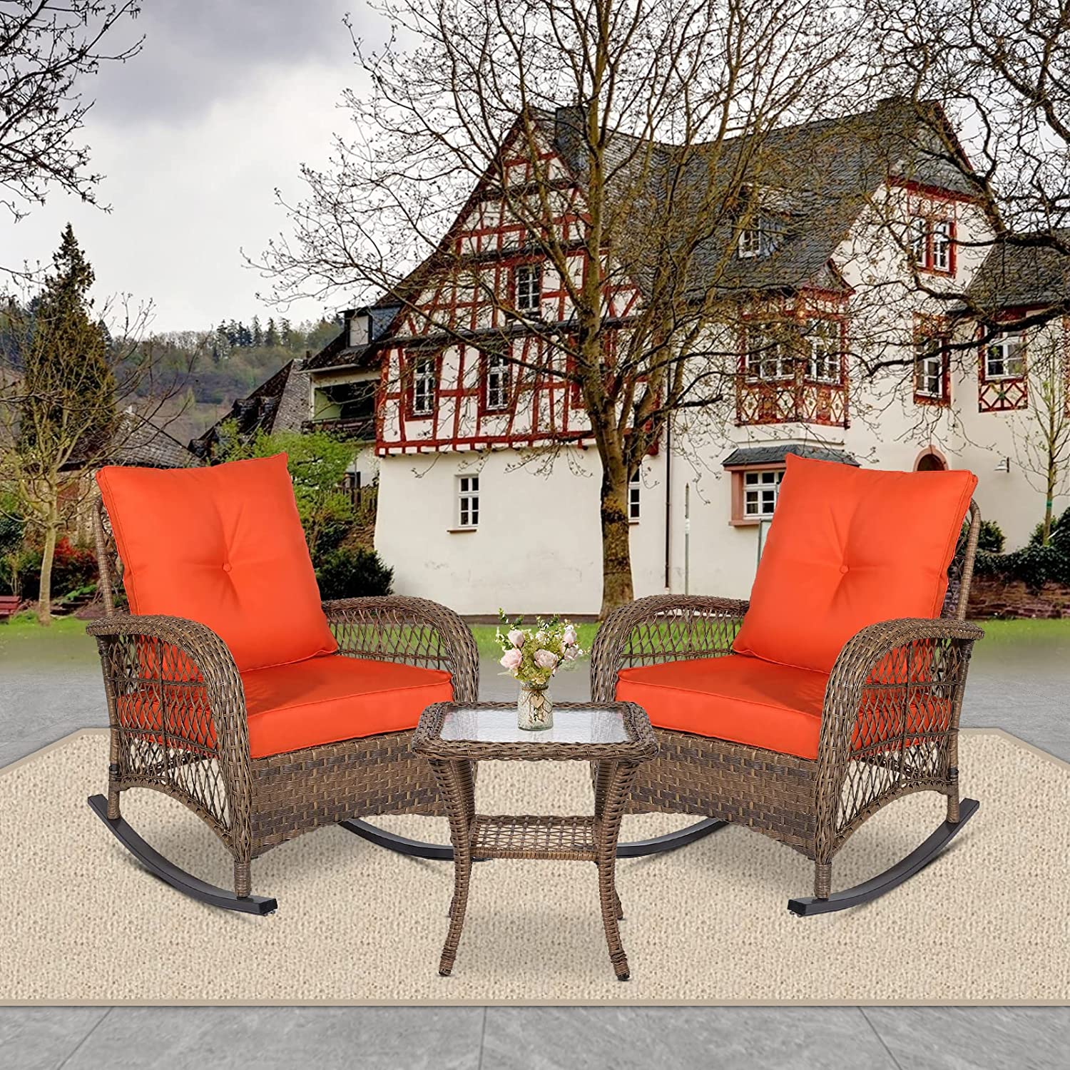SOCIALCOMFY 3-Piece Outdoor Wicker Rocking Chair Set, Patio Bistro Conversation Sets with Cushions and Glass-Top Coffee Table, Rattan Furniture Sets for Porch & Backyard, Orange - image 1 of 7