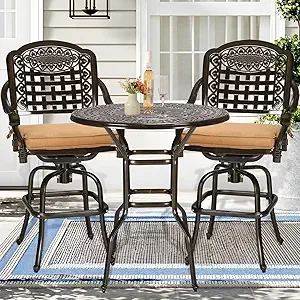 SOCIALCOMFY 3 Piece Patio Swivel Bar, Free-Rust Cast Aluminum Furniture Bistro Set with 2 Bar Stools and 38.5" Bar Height Table with 2" Umbrella Hole, Patio Bar Table Set for Deck Garden Poolside