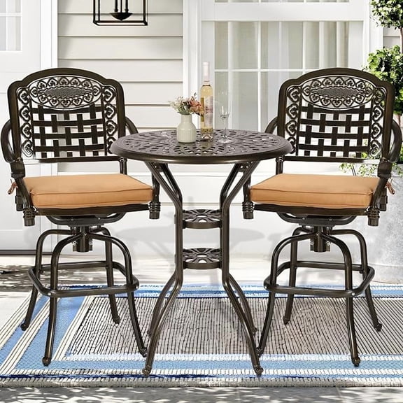 SOCIALCOMFY 3 Piece Patio Swivel Bar Set, Free-Rust Cast Aluminum Furniture Bistro Set with 2 Bar Stools and 31" Bar Height Table with 2" Umbrella Hole, Patio Bar Table Set for Deck Garden Poolside