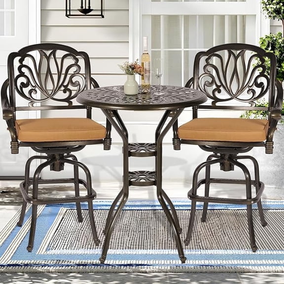 SOCIALCOMFY 3 Piece Patio Swivel Bar Set, All Weather Cast Aluminum High Swivel Bar Stools Chair Set of 2 and 31" High Bar Table W/Umbrella Hole, Outdoor High Stool Bistro Set for Garden Lawn Porch