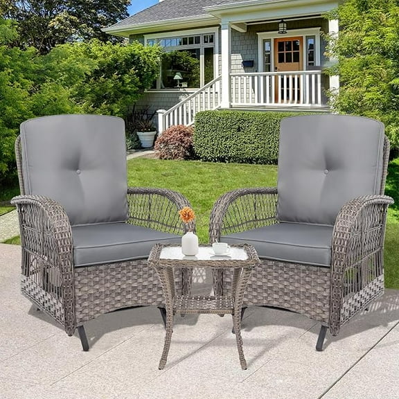 SOCIALCOMFY 3-Piece Patio Wicker Conversation Bistro Set, All-Weather Gliding Rocking Chairs with Thickened Cushions and Glass Top Table, Outdoor Rattan Furniture Sets for Porch Garden, Gray