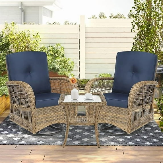 SOCIALCOMFY 3-Piece Patio Wicker Conversation Bistro Set, Rattan Gliding Rocking Swivel Chairs with Cushion and Glass Top Side Table Outdoor Furniture Sets for Garden Backyard, Navy Blue