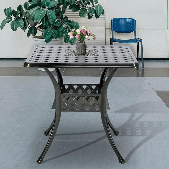 SOCIALCOMFY 30.3" Inch Outdoor Dining Table Square Patio Bistro Table Bronze Cast Aluminum Rustic Large Table with Umbrella Hole