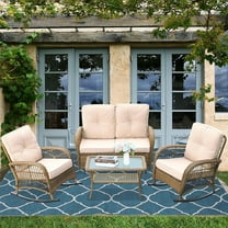 SOCIALCOMFY 4-Piece Wicker Patio Furniture Sets Outdoor All-Weather Rattan Conversation Set Includes Glider Loveseat, Glass-Top Coffee Table, 2 Rocking Chairs with Thickened Cushions, Light Brown