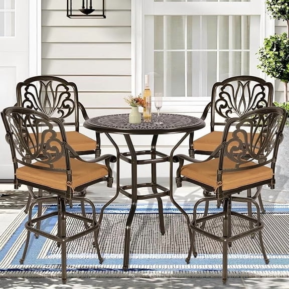 SOCIALCOMFY 5 Piece Bar Height Patio Dining Set, All Weather Cast Aluminum Swivel Bar Stools Chair Set of 4 and 35.4" High Bar Table W/Umbrella Hole, Outdoor Bar Table & Chairs Set for Deck Garden