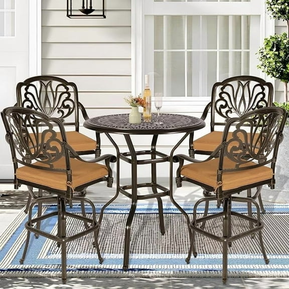 SOCIALCOMFY 5 Piece Bar Height Patio Dining Set, All Weather Cast Aluminum Swivel Bar Stools Chair Set of 4 and 35.4" High Bar Table W/Umbrella Hole, Outdoor Bar Table & Chairs Set for Deck Garden