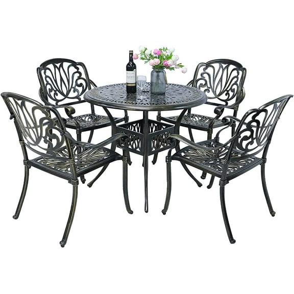 SOCIALCOMFY 5-Piece Outdoor Patio Dining Set, All-Weather Cast Aluminum Patio Table Set, Include 4 Chairs and a 35.4 inch Round Table w/Umbrella Hole for Balcony Garden Backyard