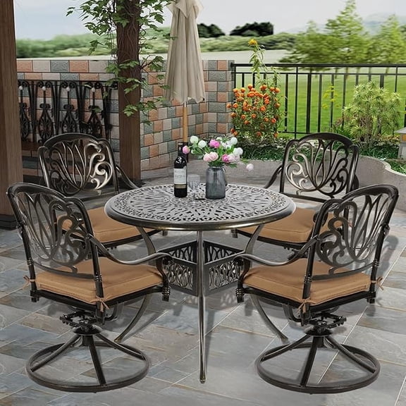 SOCIALCOMFY 5-Piece Outdoor Patio Dining Set, All-Weather Cast Aluminum Patio Table Set, Include 4 Swivel Chairs and a 35.4 inch Round Table w/Umbrella Hole for Balcony Garden Backyard, Khaki
