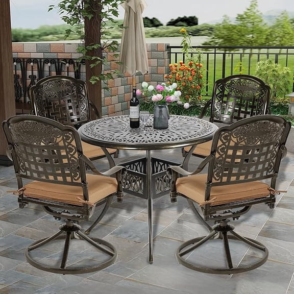 SOCIALCOMFY 5-Piece Outdoor Patio Dining Set, All-Weather Cast Aluminum Patio Table Set, Include 4 Swivel Chairs and a 35.4 inch Round Table w/Umbrella Hole for Balcony Garden Backyard, Khaki