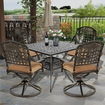 SOCIALCOMFY 5-Piece Outdoor Patio Dining Set, All-Weather Cast Aluminum Patio Table Set, Include 4 Swivel Chairs and a 35.4 inch Square Table w/Umbrella Hole for Balcony Garden Backyard, Khaki