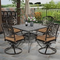 SOCIALCOMFY 5-Piece Outdoor Patio Dining Set, All-Weather Cast Aluminum Patio Table Set, Include 4 Swivel Chairs and a 35.4 inch Square Table w/Umbrella Hole for Balcony Garden Backyard, Khaki