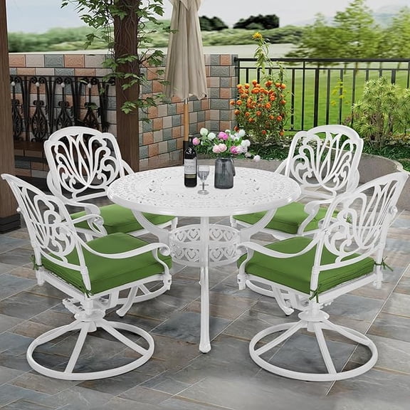 SOCIALCOMFY 5-Piece Outdoor Patio Dining Set, All-Weather Cast Aluminum Patio Table Set, Include 4 Swivel Chairs and a 38.5 inch Round Table w/Umbrella Hole for Balcony Garden Backyard, White
