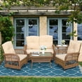 thumbnail image 1 of SOCIALCOMFY 5-Piece Wicker Patio Furniture Sets Outdoor All-Weather Rattan Conversation Set Includes Glider Loveseat, 2 Glass-Top Coffee Tables, 2 Glider Rocker Chairs with Thickened Cushions, 1 of 7