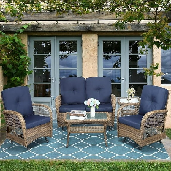SOCIALCOMFY 5-Piece Wicker Patio Furniture Sets Outdoor All-Weather Rattan Conversation Set Includes Glider Loveseat, 2 Glass-Top Coffee Tables, 2 Glider Rocker Chairs for Porch Backyard, Navy Blue