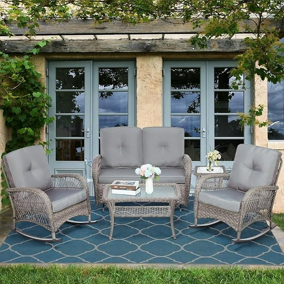 SOCIALCOMFY 5-Piece Wicker Patio Furniture Sets Outdoor All-Weather Rattan Conversation Set Includes Glider Loveseat, 2 Glass-Top Coffee Tables, 2 Rocking Chairs for Porch Backyard, Gray