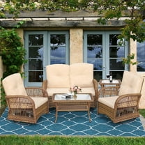 SOCIALCOMFY 5-Piece Wicker Patio Furniture Sets Outdoor All-Weather Rattan Conversation Set Includes Glider Loveseat, 2 Glass-Top Coffee Tables, 2 Swivel Rocking Chairs with Thickened Cushions