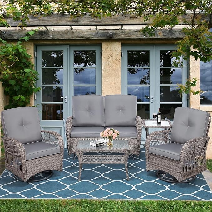 SOCIALCOMFY 5-Piece Wicker Patio Furniture Sets Outdoor All-Weather Rattan Conversation Set Includes Glider Loveseat, 2 Glass-Top Coffee Tables, 2 Swivel Rocking Chairs for Porch Backyard, Gray
