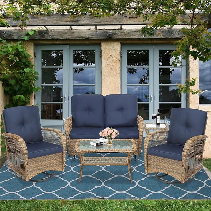 SOCIALCOMFY 5-Piece Wicker Patio Furniture Sets Outdoor All-Weather Rattan Conversation Set Includes Glider Loveseat, 2 Glass-Top Coffee Tables, 2 Swivel Rocking Chairs for Porch Backyard, Navy Blue