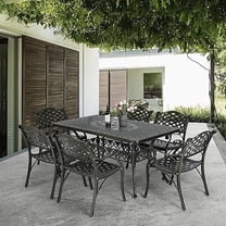 SOCIALCOMFY 7-Piece Outdoor Patio Dining Set, All-Weather Cast Aluminum Furniture Conversation Set, Include 6 Lattice Chairs and a Rectangle Table with Umbrella Hole for Balcony Lawn Garden Backyard