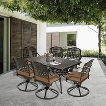 SOCIALCOMFY 7-Piece Outdoor Patio Dining Set, All-Weather Cast Aluminum Furniture Conversation Set, Include 6 Swivel Chairs & a Rectangle Table w/Umbrella Hole for Balcony Lawn Garden, Khaki