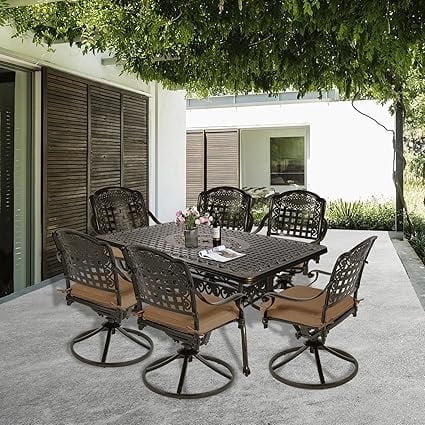 SOCIALCOMFY 7-Piece Outdoor Patio Dining Set, All-Weather Cast Aluminum Furniture Conversation Set, Include 6 Swivel Chairs & a Rectangle Table w/Umbrella Hole for Balcony Lawn Garden, Khaki