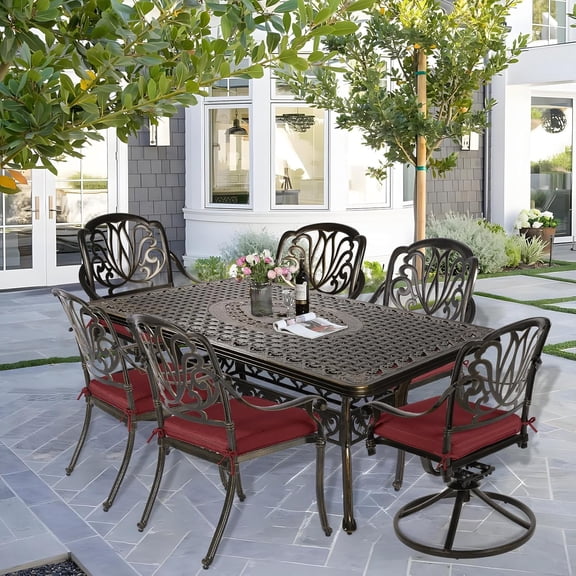 SOCIALCOMFY 7-Piece Patio Cast Aluminum Dining Set, All-Weather Outdoor Dining Furniture Set, Include 4 Stationary Chairs, 2 Swivel Dining Chairs and a Rectangle Table with Umbrella Hole, Red