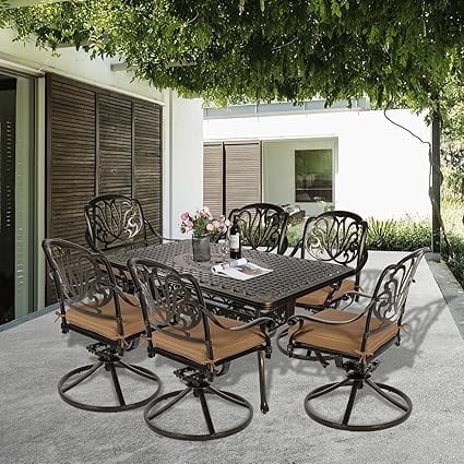 SOCIALCOMFY 7-Piece Patio Cast Aluminum Dining Set, All-Weather Outdoor Dining Furniture Set, Include 6 Swivel Chairs and a Rectangle Table with Umbrella Hole for Balcony Lawn Garden, Khaki