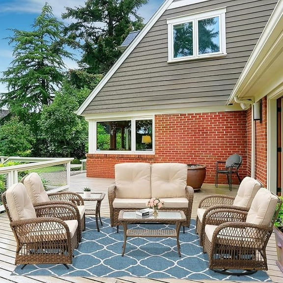 SOCIALCOMFY 7-Piece Wicker Patio Furniture Sets Outdoor All-Weather Rattan Conversation Set Includes Glider Loveseat, 2 Coffee Tables, 2 Swivel-Gliders Chairs for Porch Backyard, Light Brown