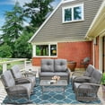 thumbnail image 1 of SOCIALCOMFY 7-Piece Wicker Patio Furniture Sets Outdoor All-Weather Rattan Conversation Set Includes Glider Loveseat, 2 Glass-Top Coffee Tables, 2 Swivel-Rocker Chairs for Porch Backyard, Gray, 1 of 7