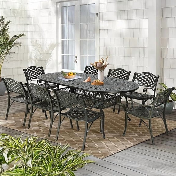 SOCIALCOMFY 9-Piece Patio Cast Aluminum Dining Set, All-Weather Outdoor Dining Furniture Set for 8 Person, Includes 84" Oval Table and 8 Chairs with Umbrella Hole for Patio Deck Balcony Garden