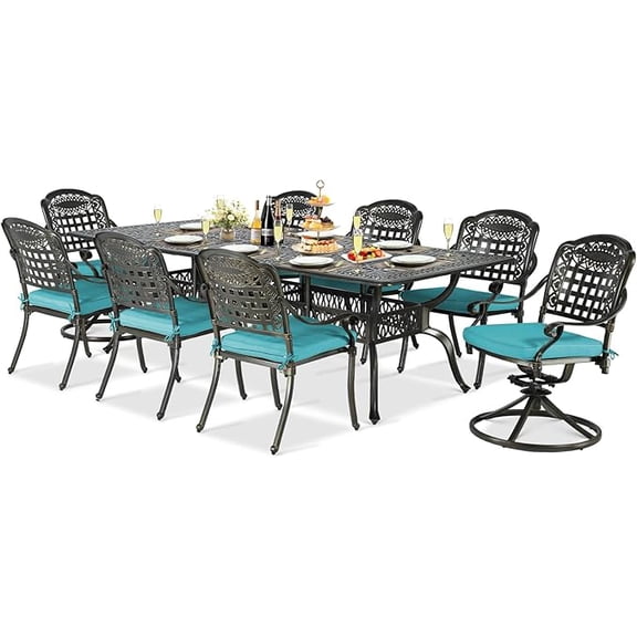 SOCIALCOMFY 9-Piece Patio Cast Aluminum Dining Set, Outdoor Table and Chairs Set for 8, Includes 94.5" Rectangular Dining Table, 6 Stationary, 2 Swivel Dining Chairs with Umbrella Hole, Ocean Blue