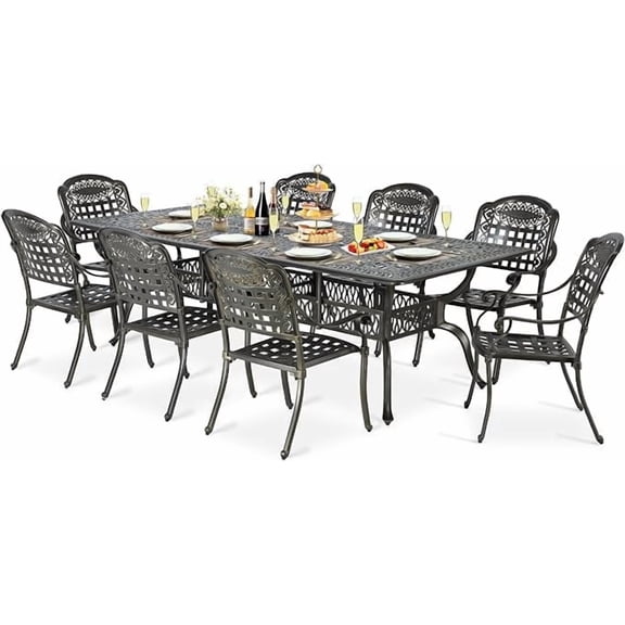 SOCIALCOMFY 9-Piece Patio Cast Aluminum Dining Set, Outdoor Table and Chairs Set for 8, Includes 94.5" Rectangular Dining Table and 8 Chairs with Umbrella Hole, Patio Furniture Set for Lawn Garden