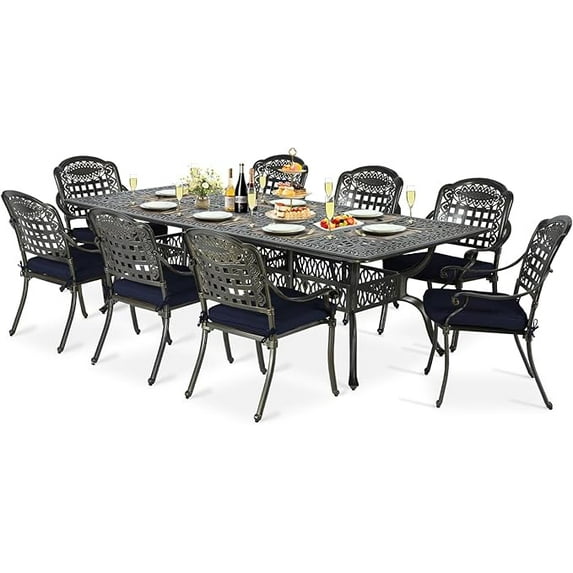 SOCIALCOMFY 9-Piece Patio Cast Aluminum Dining Set, Outdoor Table and Chairs Set for 8, Includes 94.5" Rectangular Dining Table and 8 Cushioned Chairs with Umbrella Hole for Lawn Garden, Navy Blue